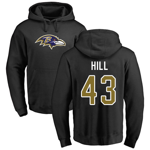 Men Baltimore Ravens Black Justice Hill Name and Number Logo NFL Football #43 Pullover Hoodie Sweatshirt->nfl t-shirts->Sports Accessory